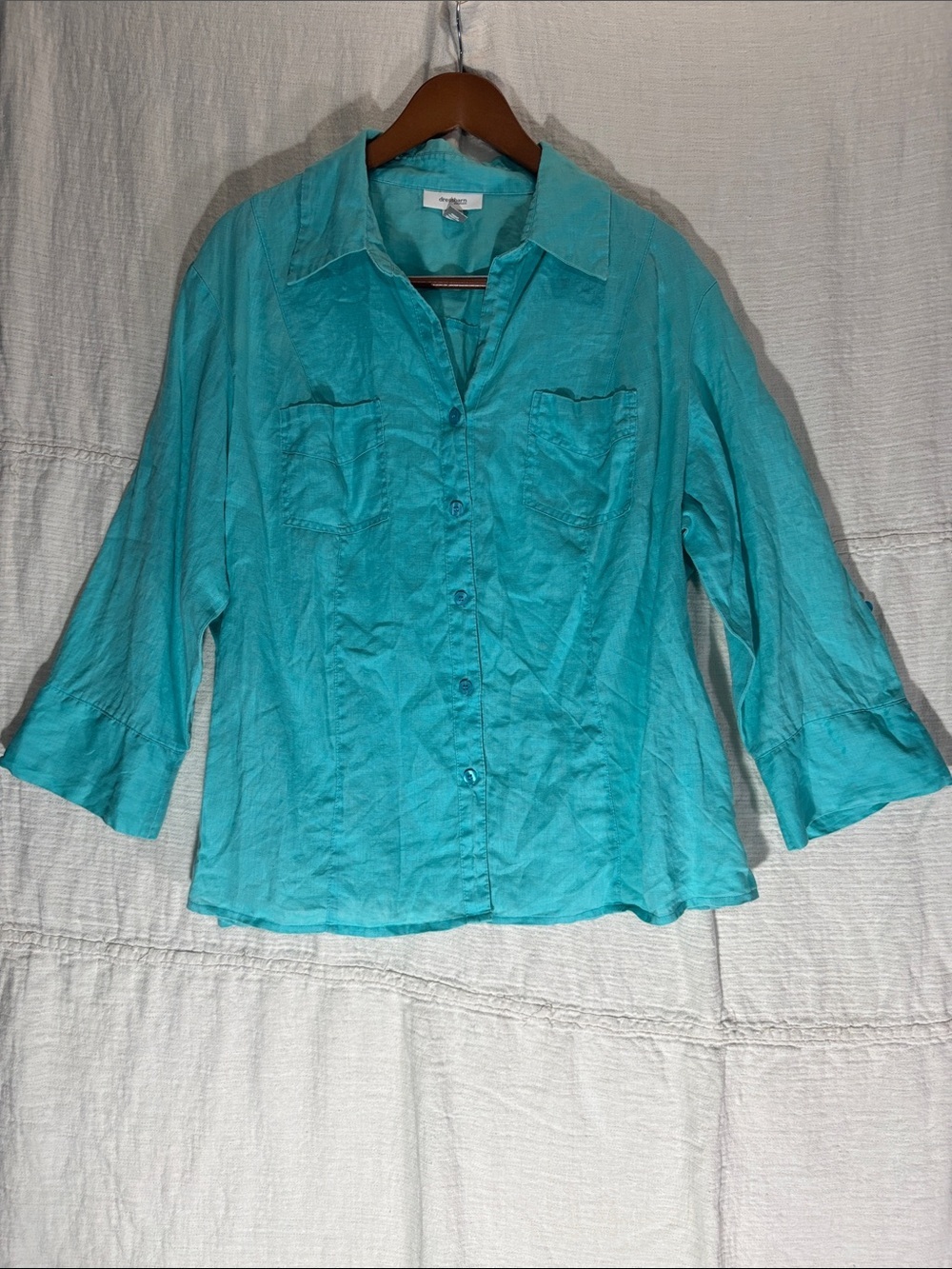 dressbarn Teal/Turquoise Button-Down Shirt for Women 100% Linen